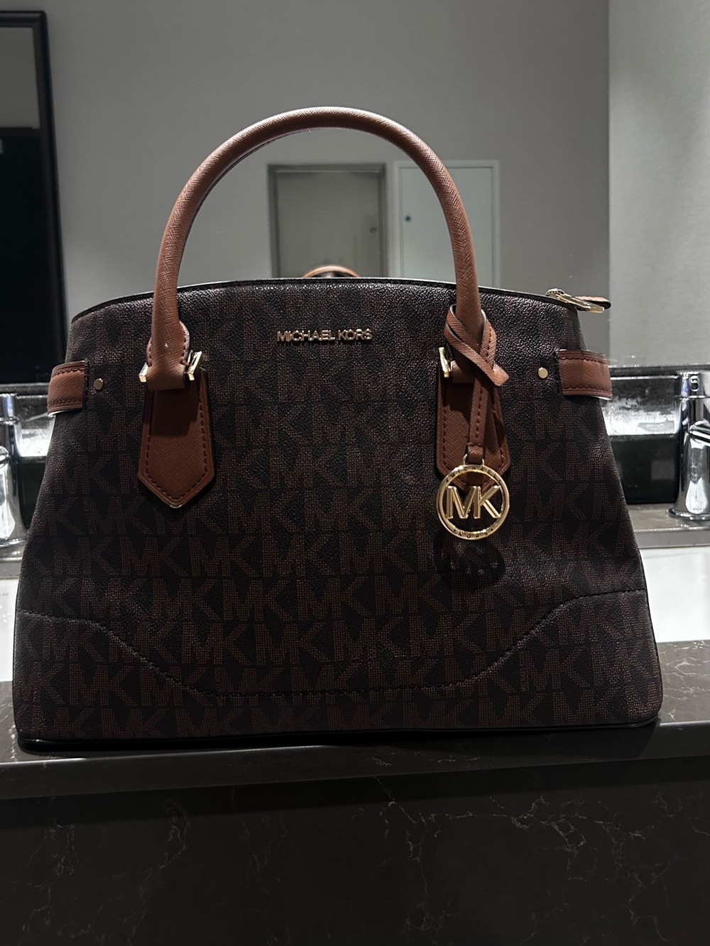 Michael Kors Dark Brown MK Monogram Satchel with Tan Handles
